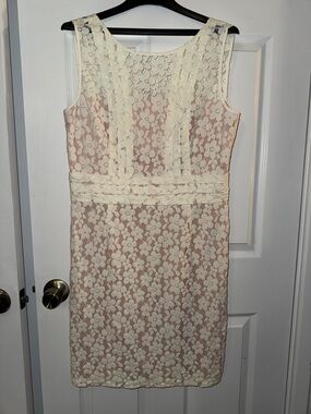 Donna Morgan Cream Lace Midi Dress with Blush Lining